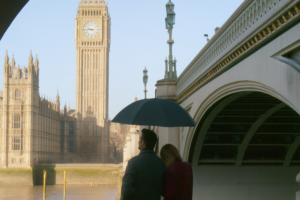 Two people under a dark Bucklesbury umbrella on Westminster Bridge, with Big Ben and the Houses of Parliament behind them in London