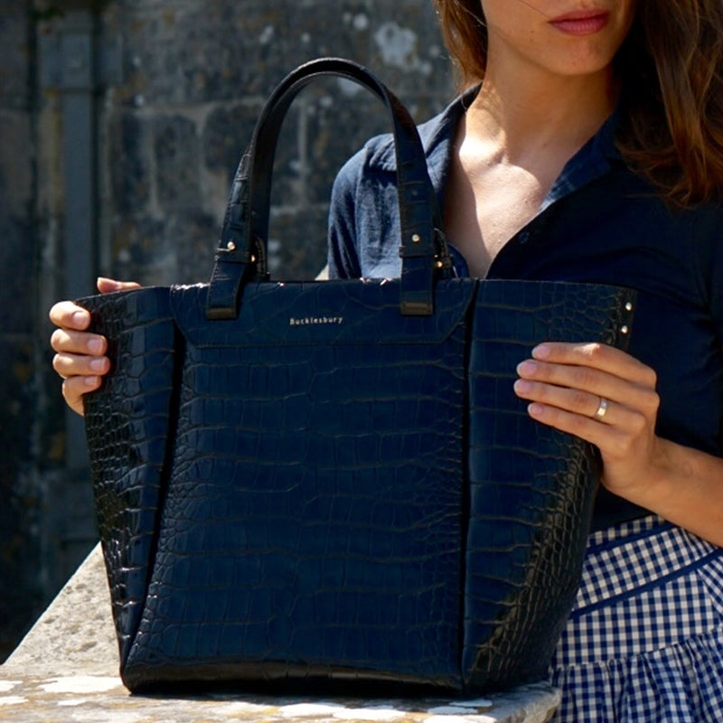 Blue Croc Print Shopper Bag / Blue Leather Bag / Blue 