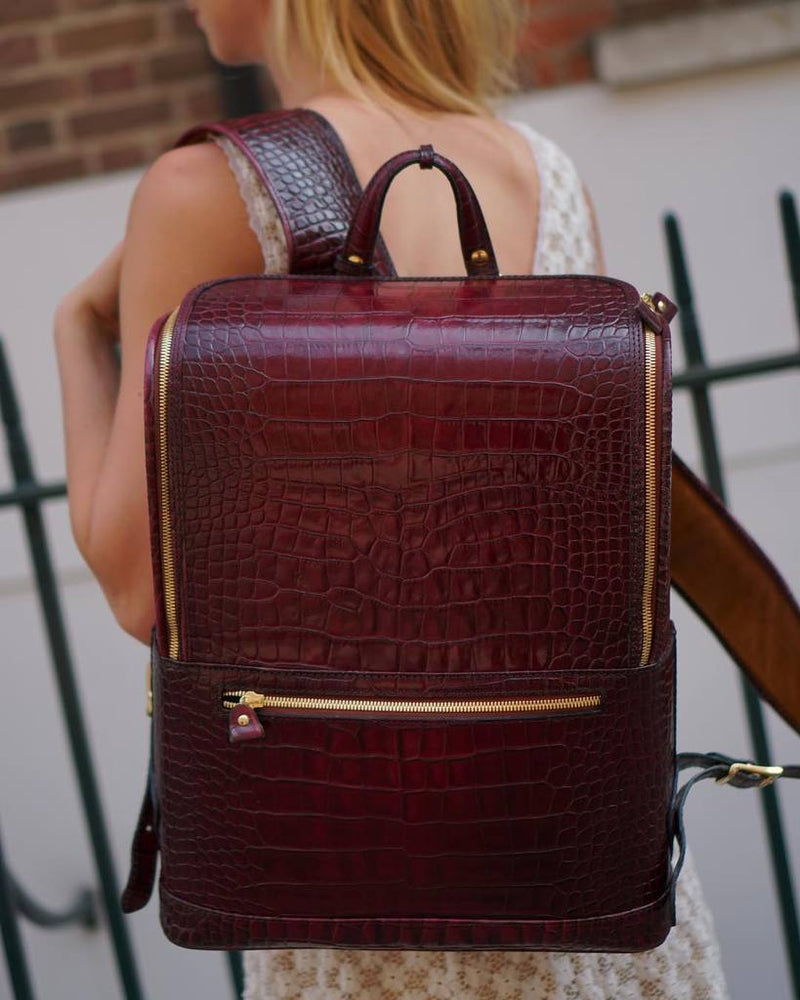 burgandy leather rectangular backpack Burgundy Croc-Embossed Bucklesbury Italian Leather Backpack for Business, Travel & Equipment