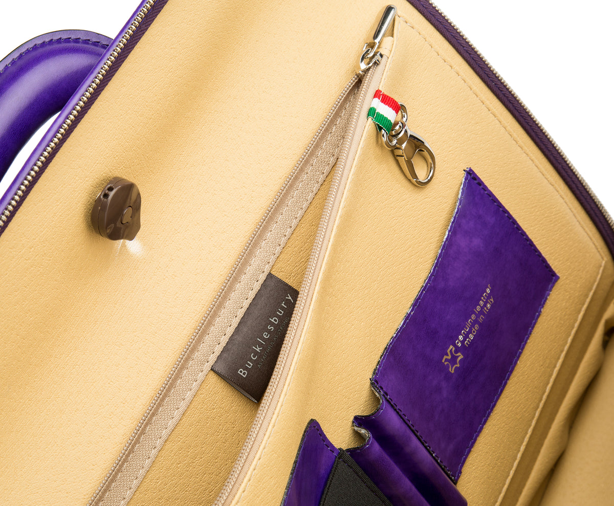Purple leather attaché briefcase and laptop bag for men and women